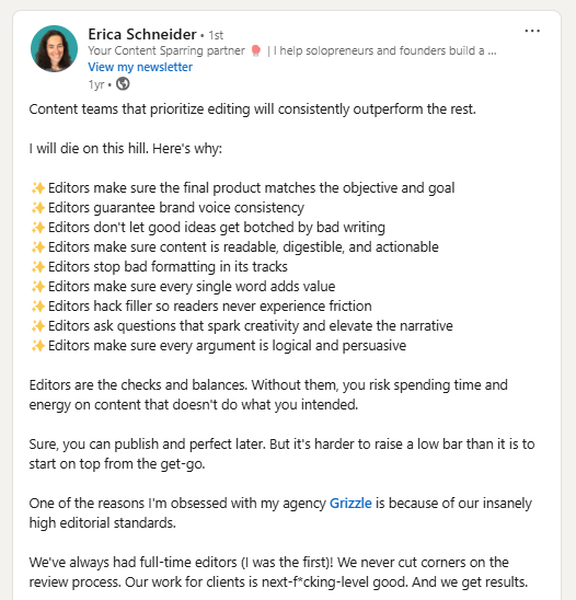 LinkedIn post about editing by Erica Schneider