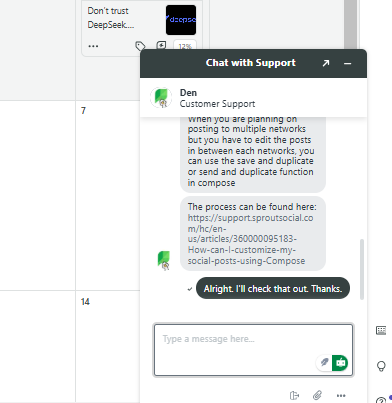 Sprout Social live chat support