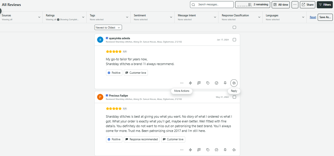 Reviews page in Sprout Social