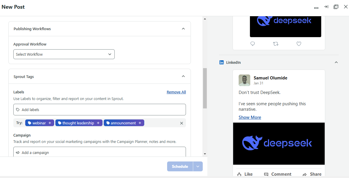 Select approval workflow and labels in post composer