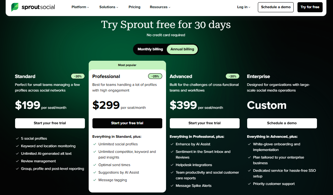Sprout Social pricing page